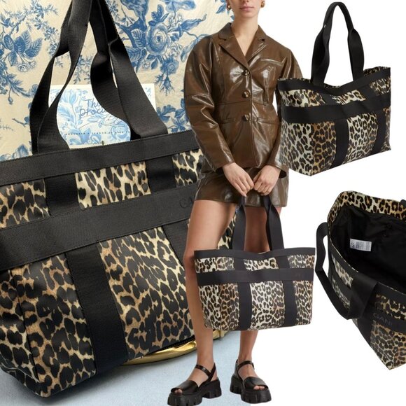 🆕 GANNI 🧿 NWOT East West Coated Canvas Tote Bag, Leopard Print - Picture 1 of 13